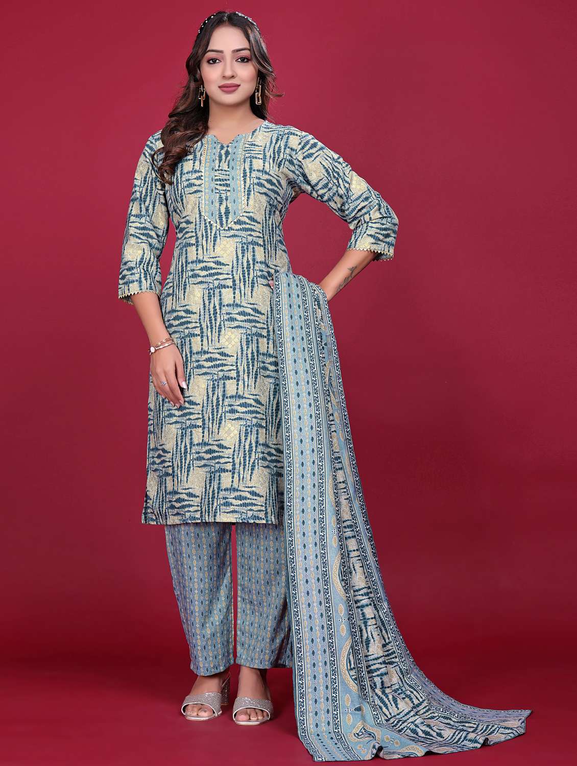 women printed three quarter sleeve kurta pant with dupatta set - 21998636 -  Standard Image - 1
