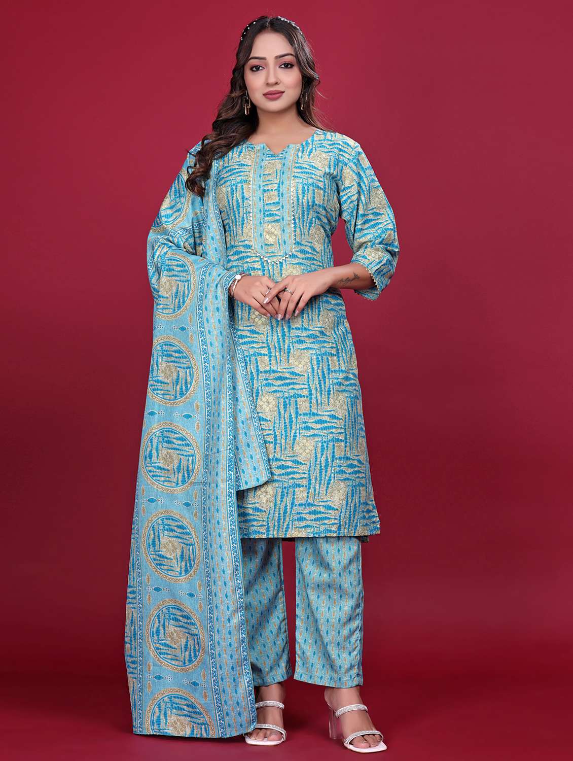 women printed three quarter sleeve kurta pant with dupatta set - 21998639 -  Standard Image - 1