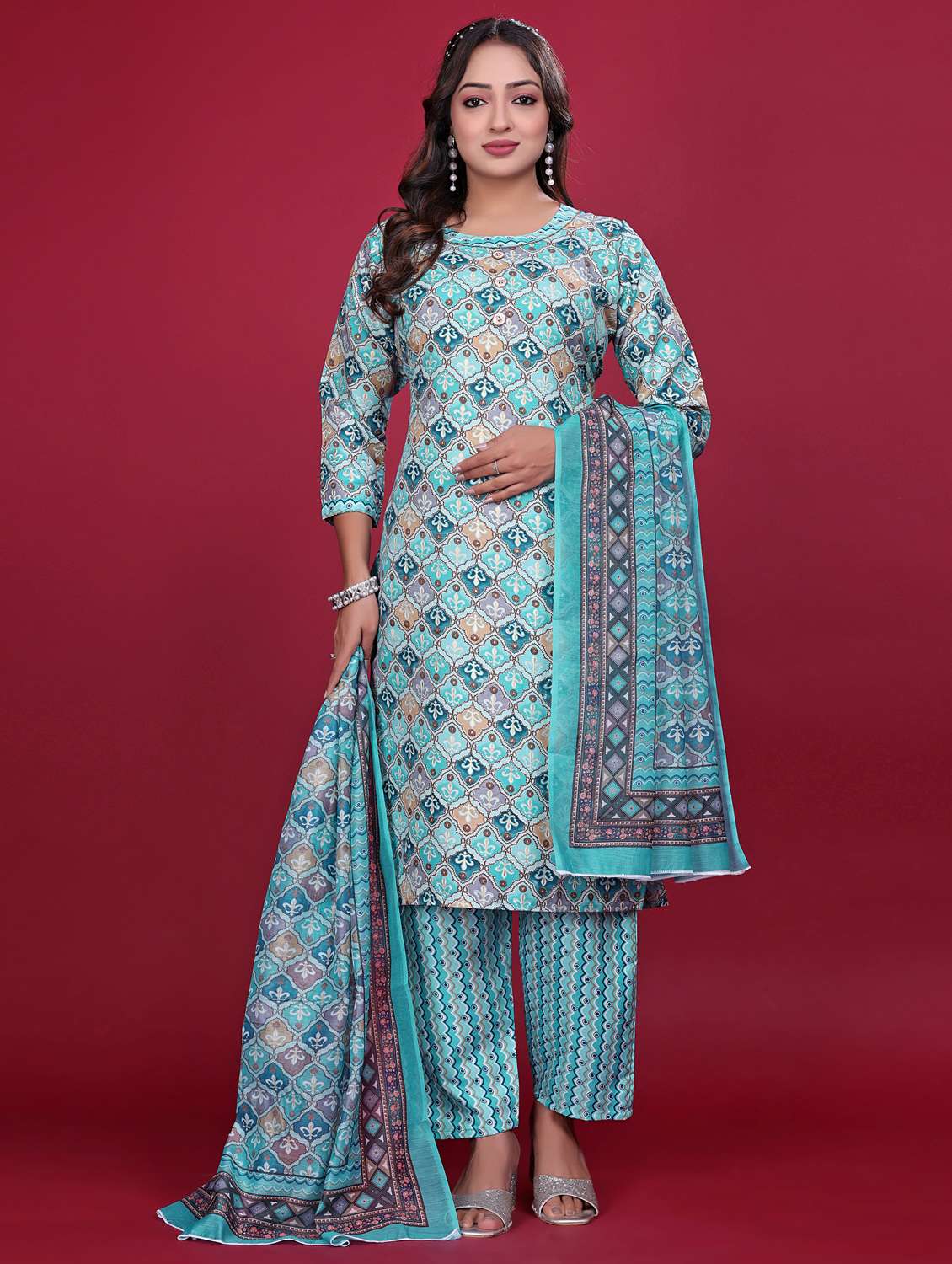 women printed three quarter sleeve kurta pant with dupatta set - 21998641 -  Standard Image - 1