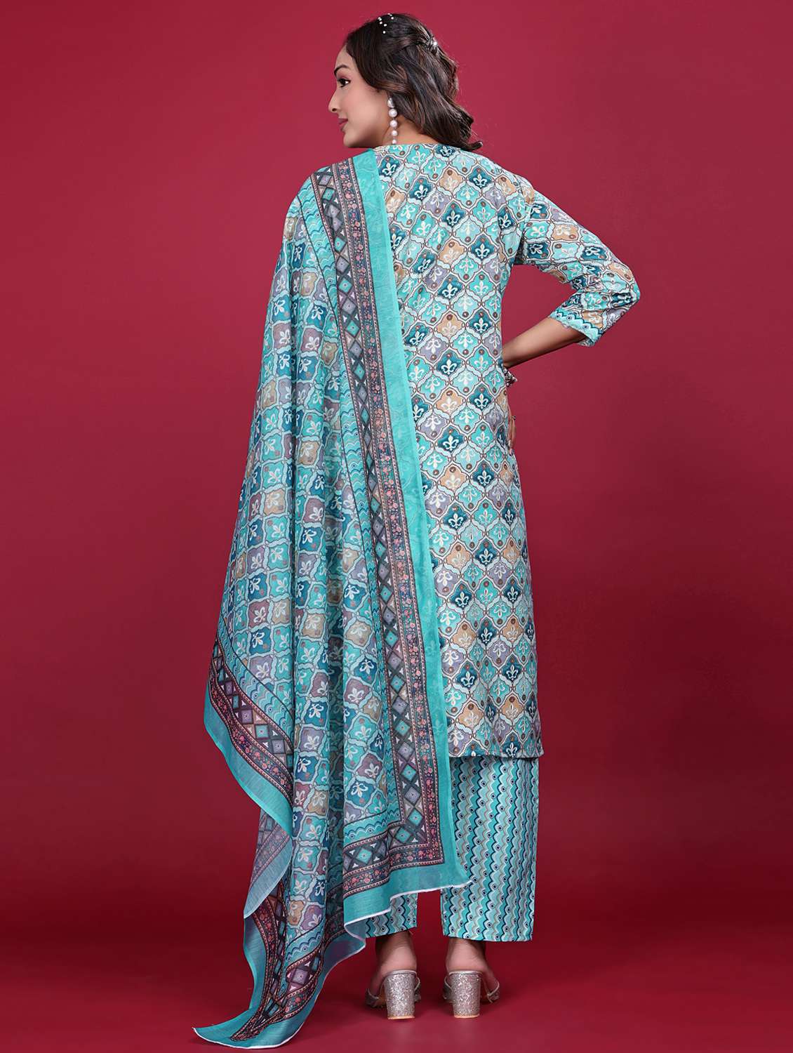 women printed three quarter sleeve kurta pant with dupatta set - 21998641 -  Standard Image - 4