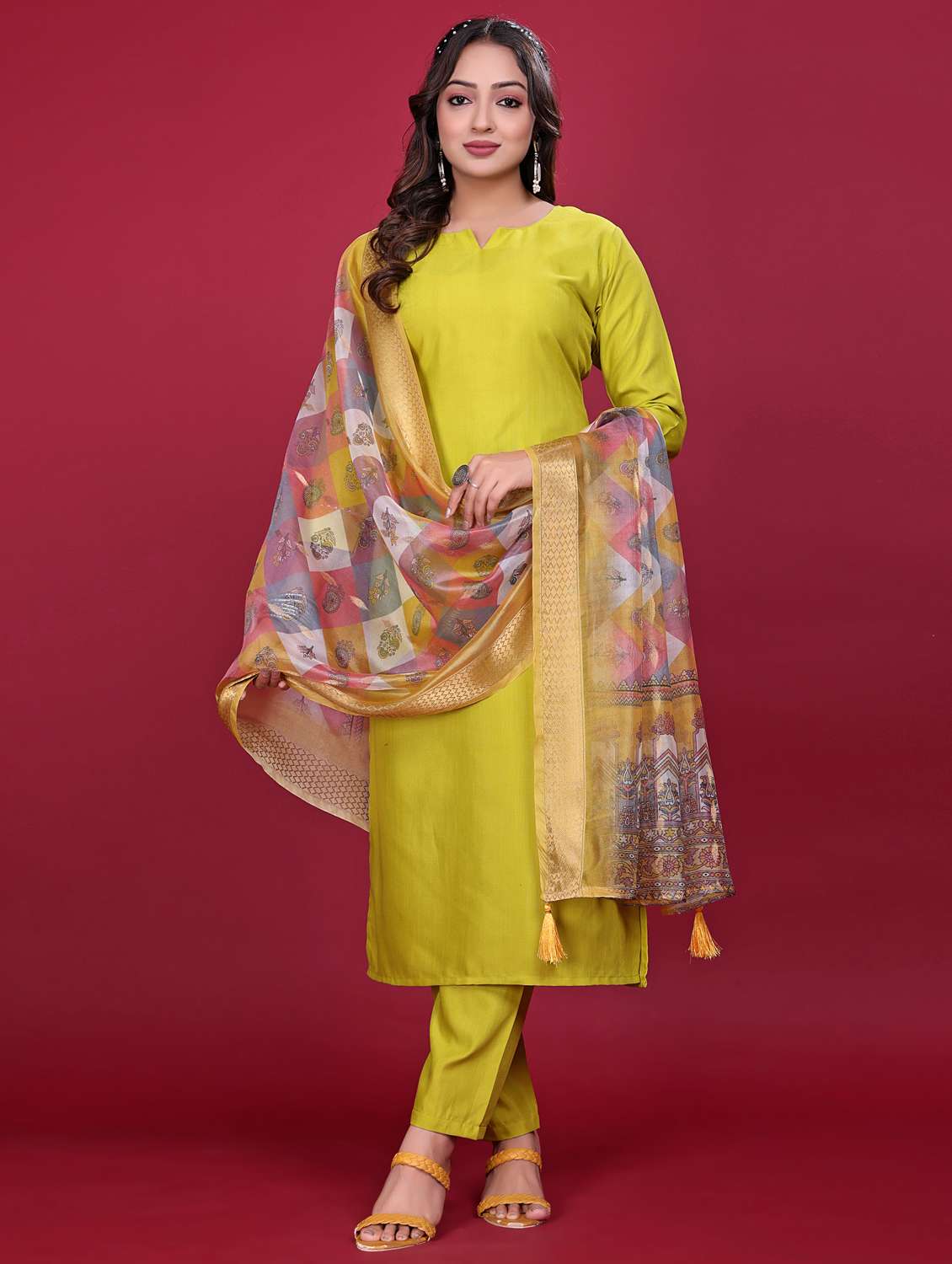 women solid three quarter sleeve kurta pant with dupatta set - 21998644 -  Standard Image - 4