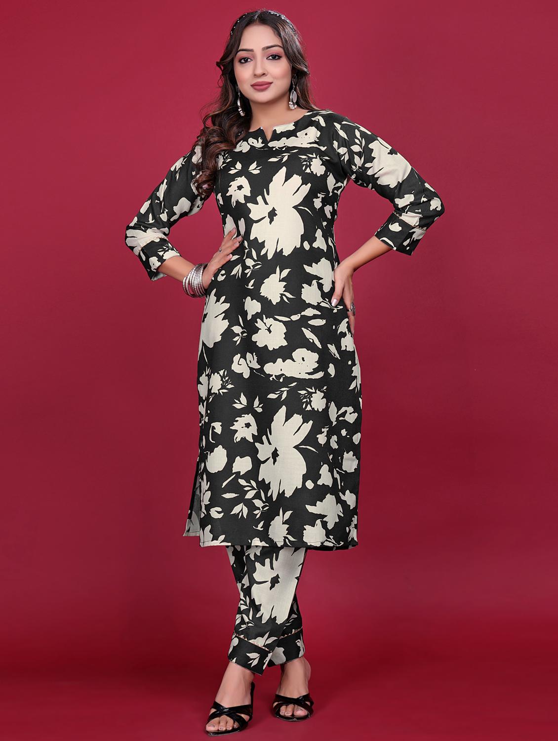 women floral printed three quarter sleeve kurta pant set - 21998647 - Standard Image - 1