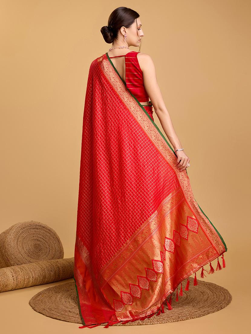 women checkered bordered saree with blouse - 21998803 -  Standard Image - 1