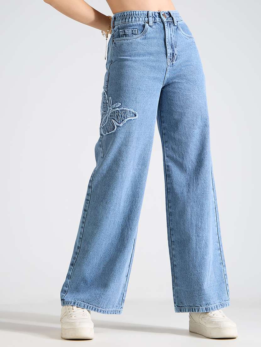 Women Light Blue High Rise Wide Leg Jeans