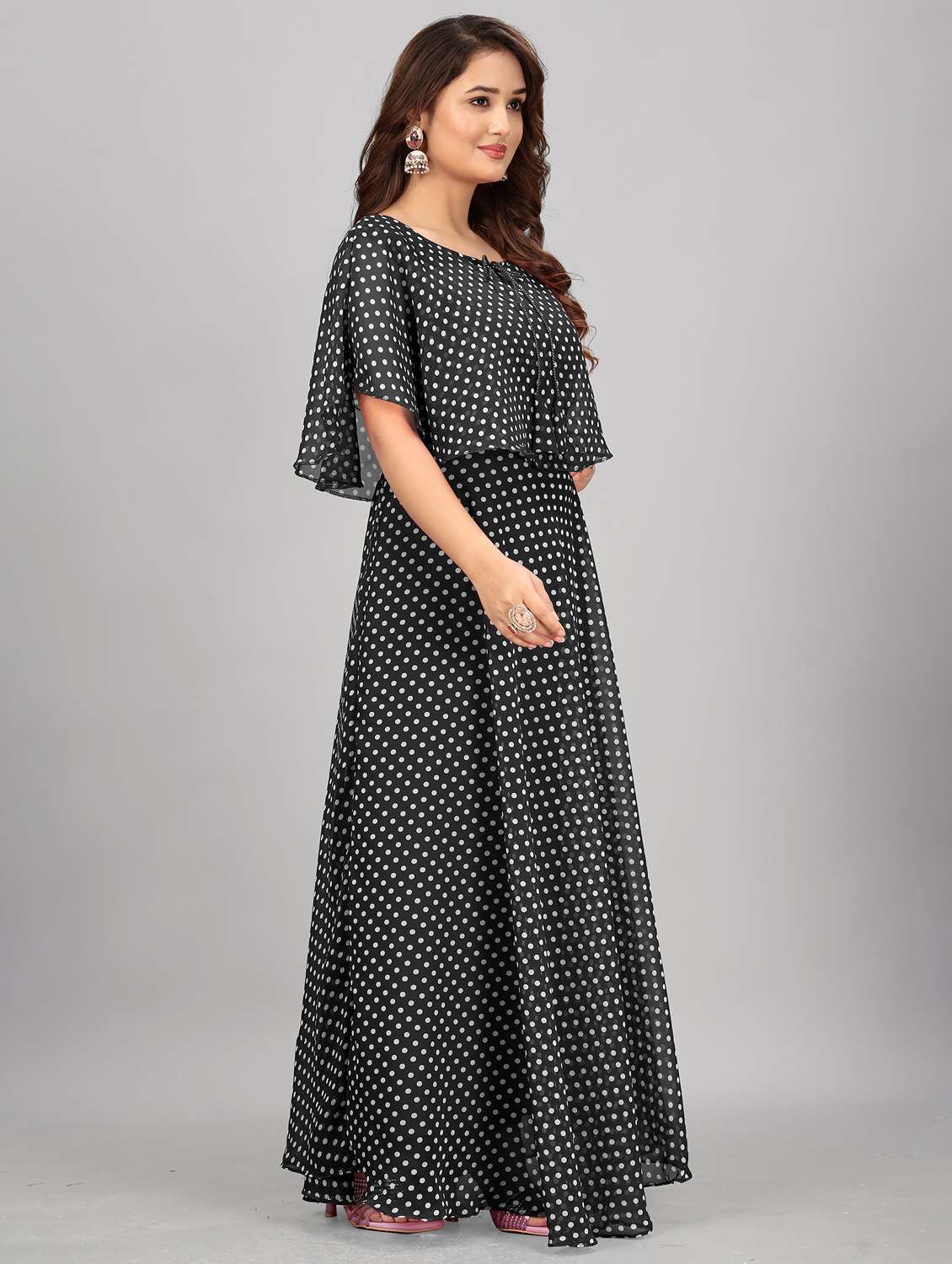 women polka dot tie up neck semi-stitched gown - 21998829 -  Standard Image - 1