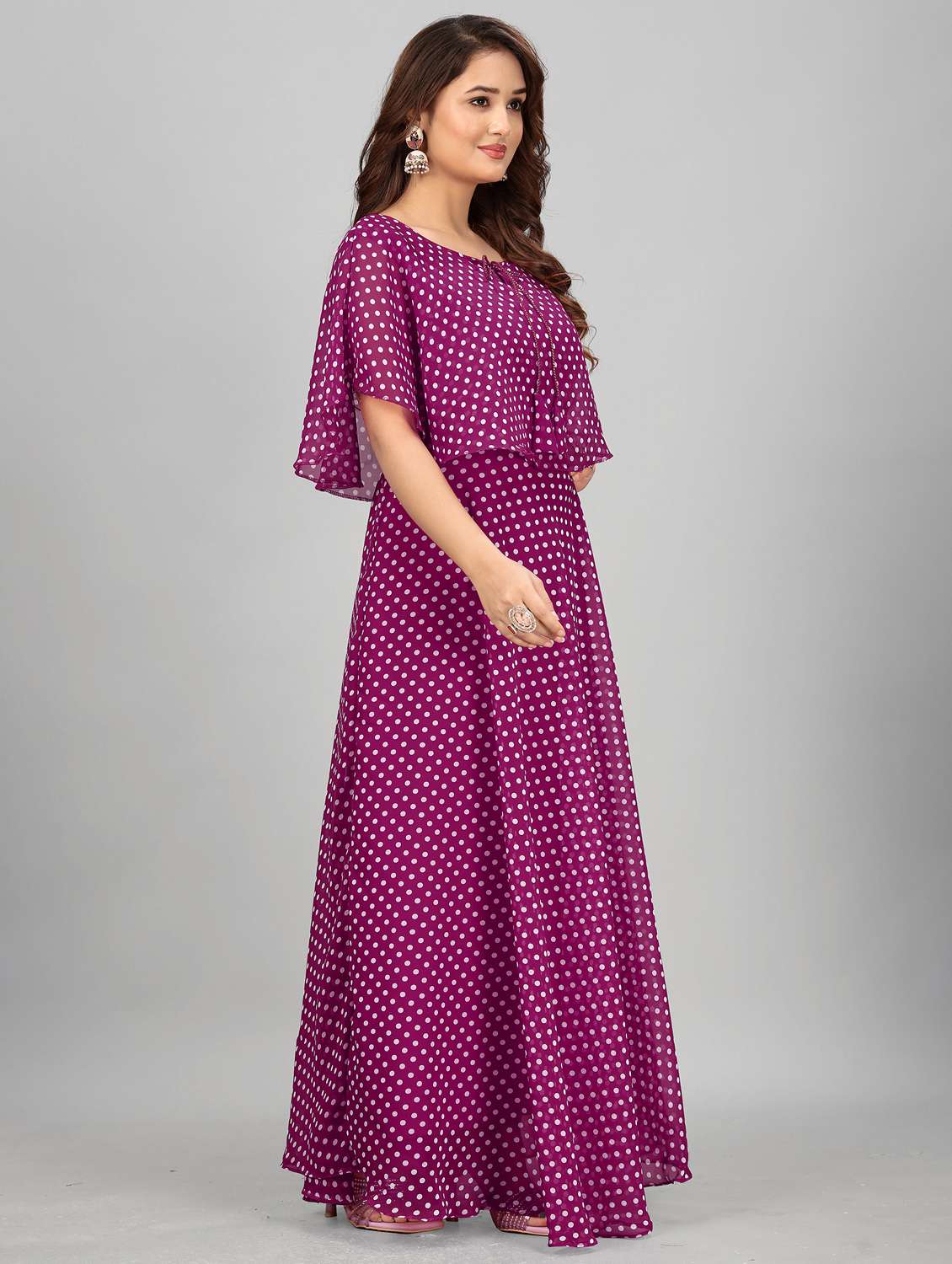 women polka dot tie up neck semi-stitched gown - 21998831 -  Standard Image - 1