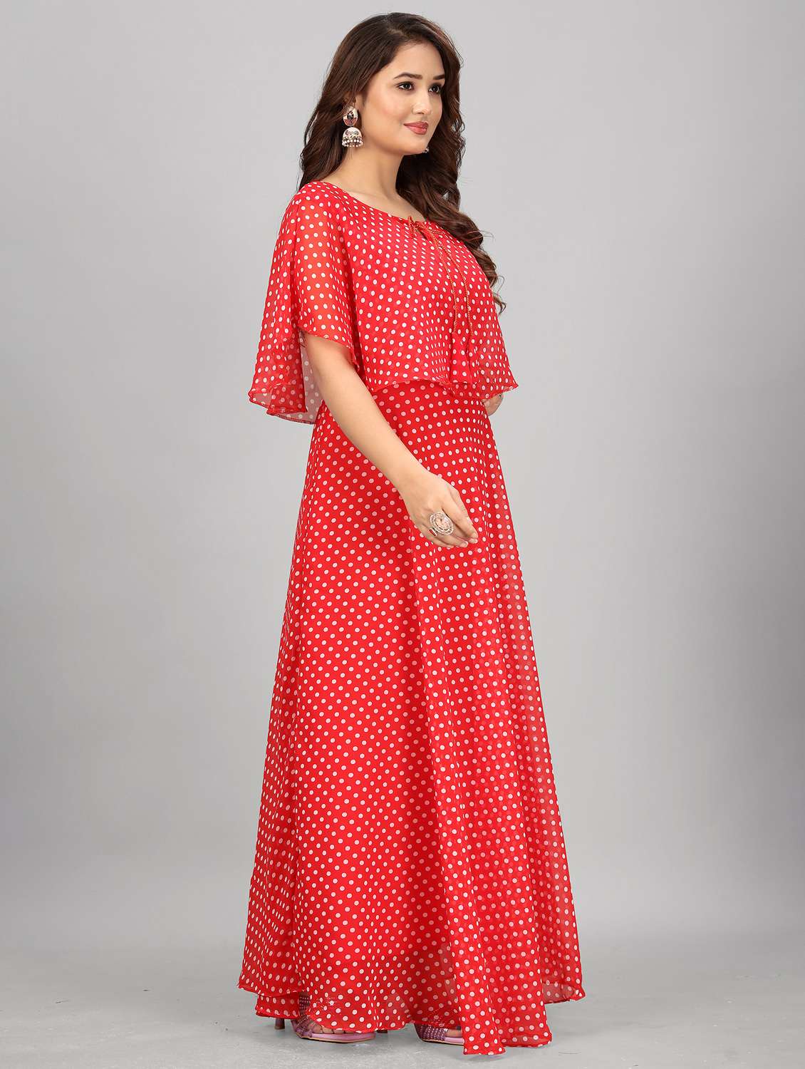 women polka dot tie up neck semi-stitched gown - 21998832 -  Standard Image - 1