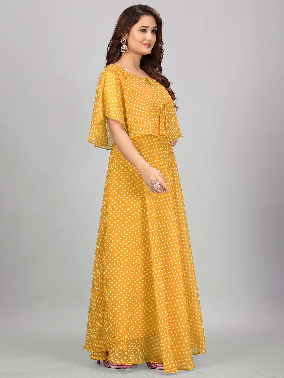 women polka dot tie up neck semi-stitched gown - 21998833 -  Standard Image - 1