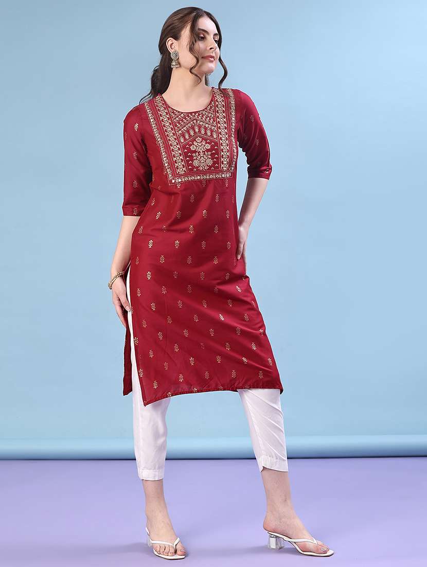 women three quarter sleeve straight kurta - 21998980 -  Standard Image - 1