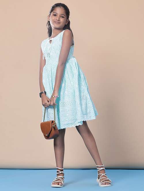 girls self designed sleeveless flared frock