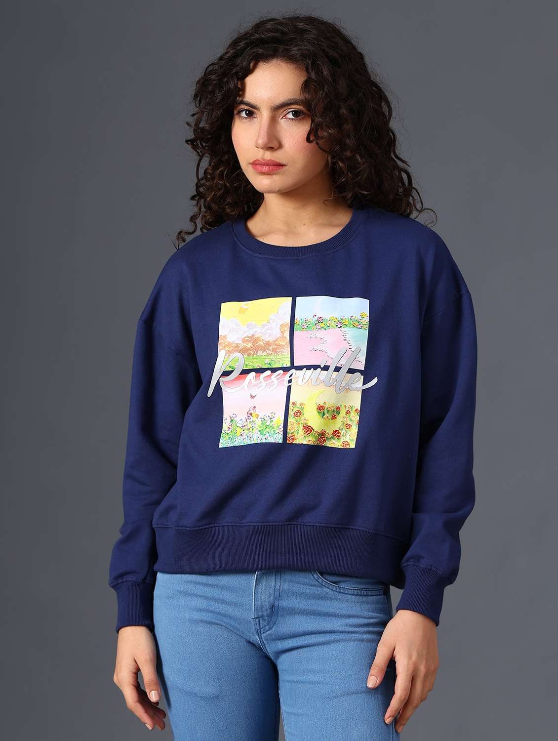 Navy Blue Fleece Front Print Sweatshirt - 21999201 -  Standard Image - 1