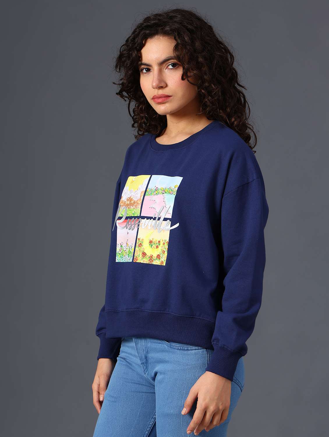 Navy Blue Fleece Front Print Sweatshirt - 21999201 -  Standard Image - 6