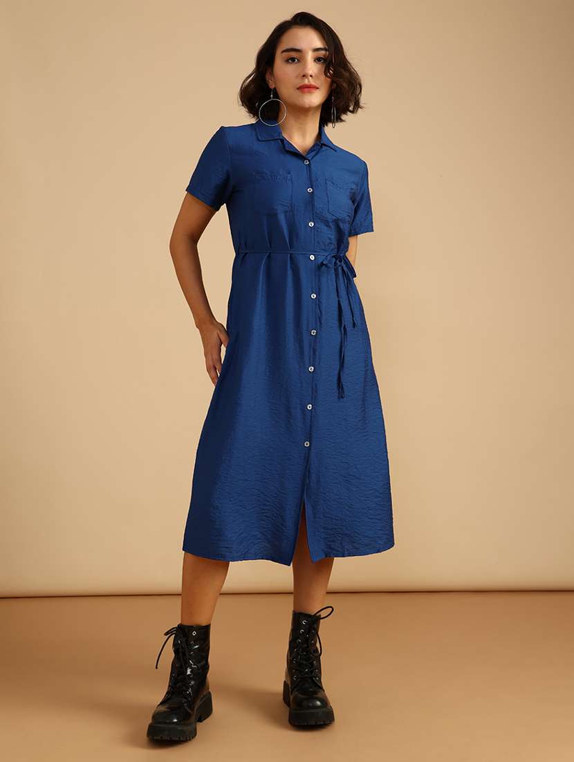 women solid short sleeve collared shirt dress