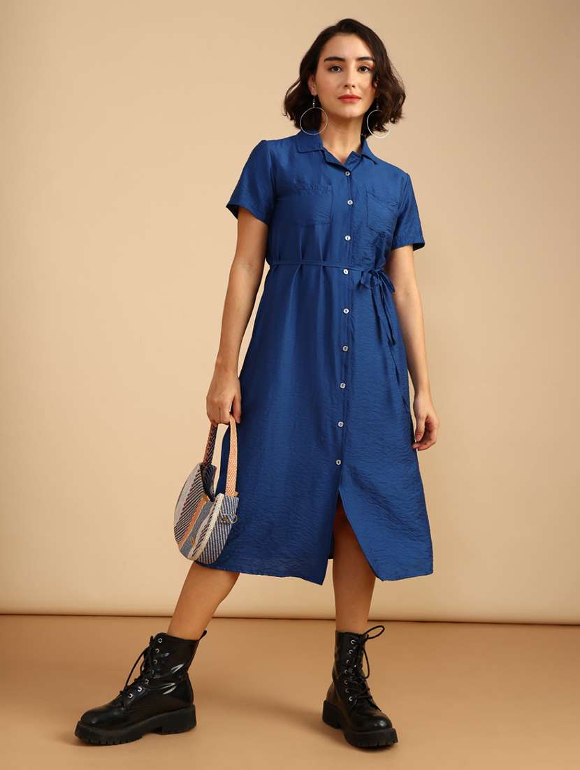 women solid short sleeve collared shirt dress - 21999377 -  Standard Image - 1