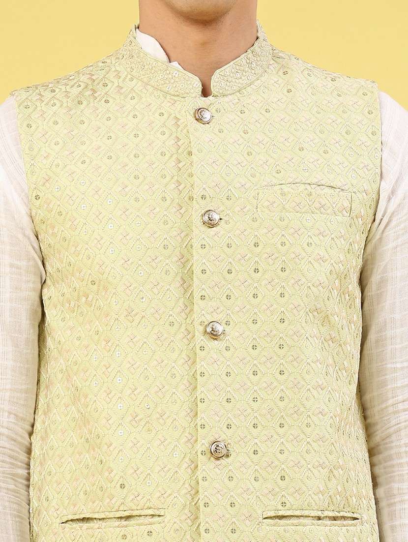 green polyester nehru jacket - 21999750 -  Standard Image - 1