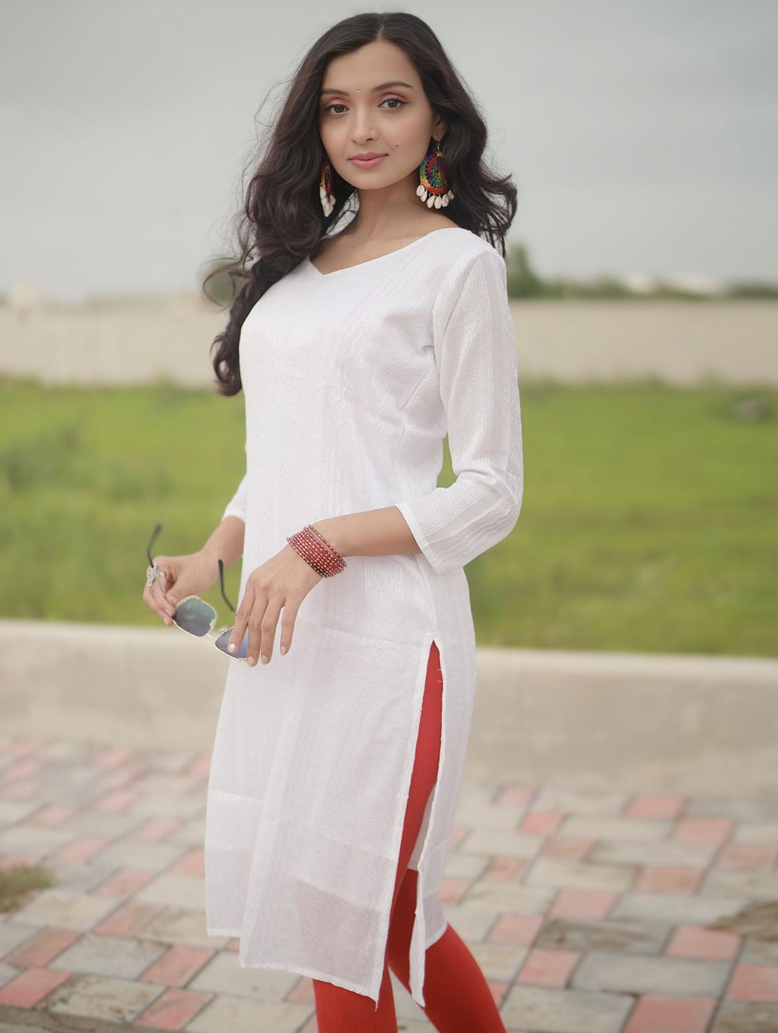 women self design three quarter sleeve straight kurta - 21999976 -  Standard Image - 1