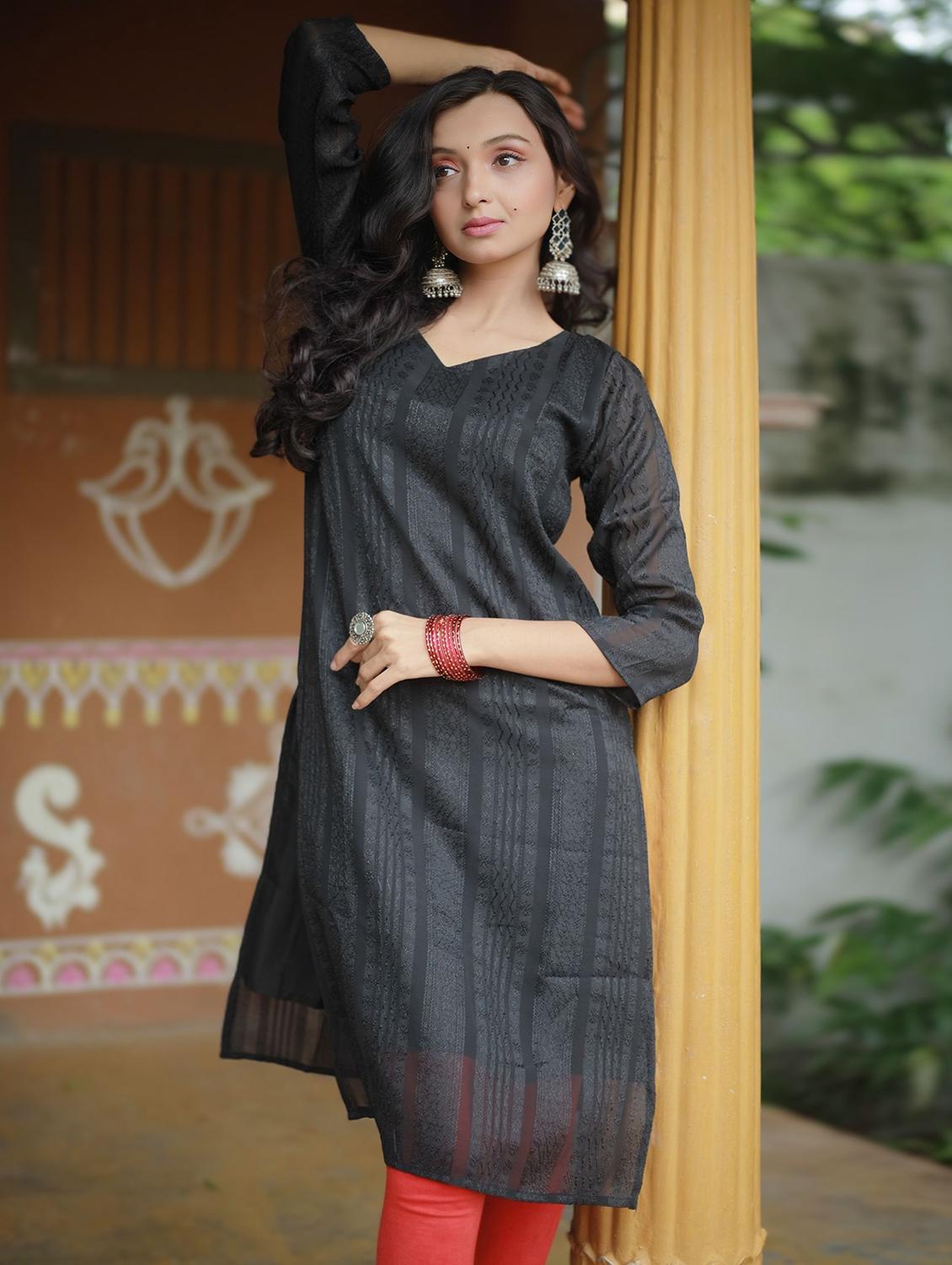 women self design three quarter sleeve straight kurta - 21999979 - Standard Image - 4