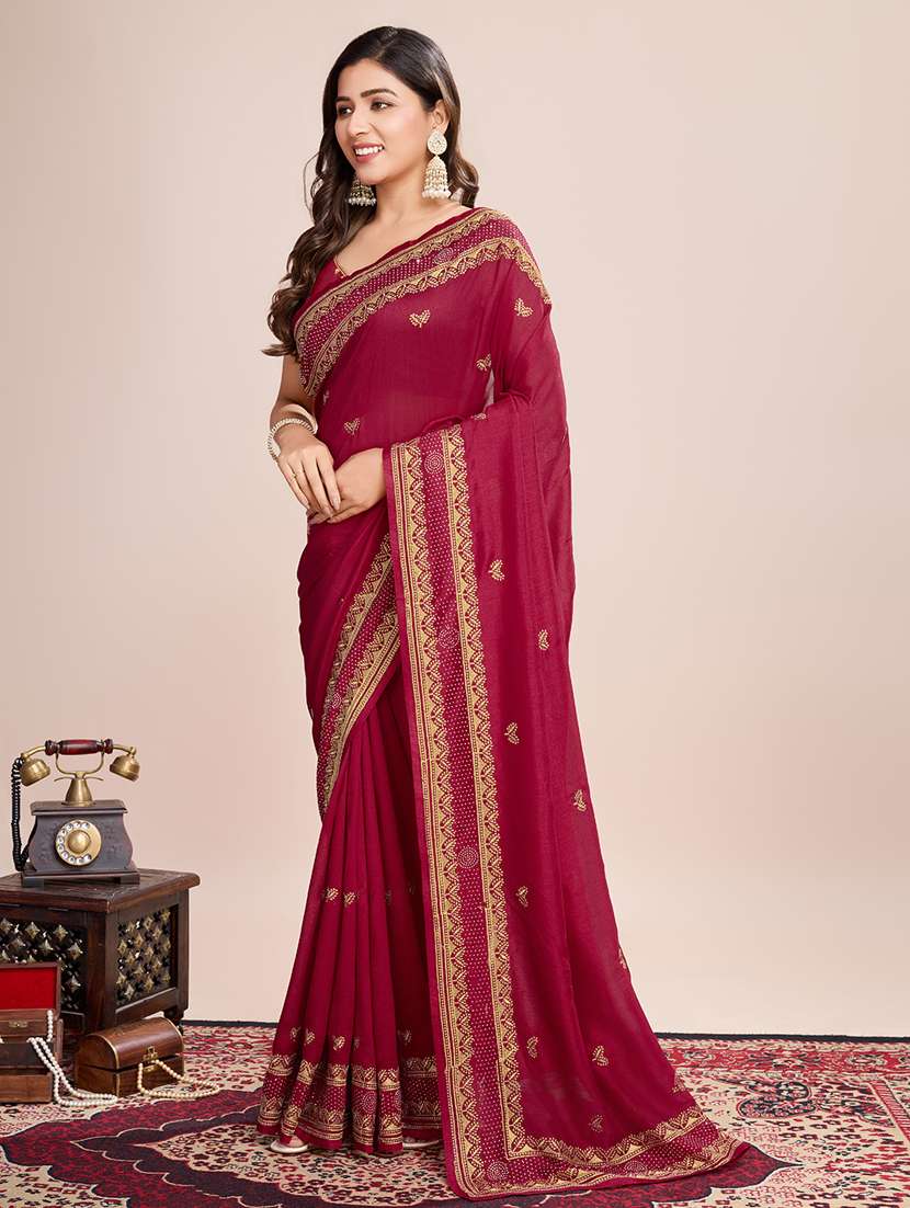 women solid with work zari work bordered saree with blouse - 22000070 -  Standard Image - 1