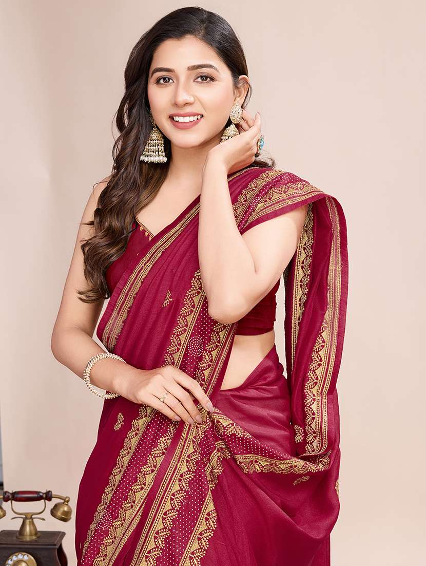 women solid with work zari work bordered saree with blouse - 22000070 - Standard Image - 4