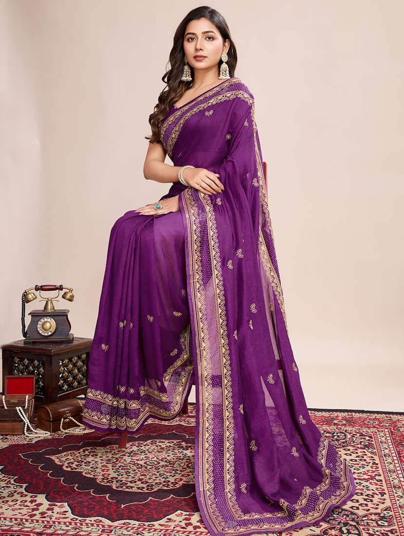 women solid with work zari work bordered saree with blouse - 22000074 -  Standard Image - 1
