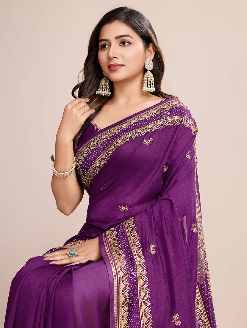 women solid with work zari work bordered saree with blouse - 22000074 -  Standard Image - 4