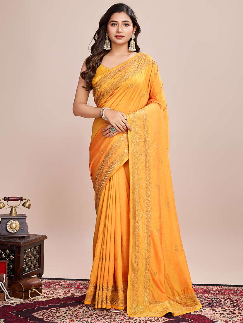 women solid with work zari work bordered saree with blouse