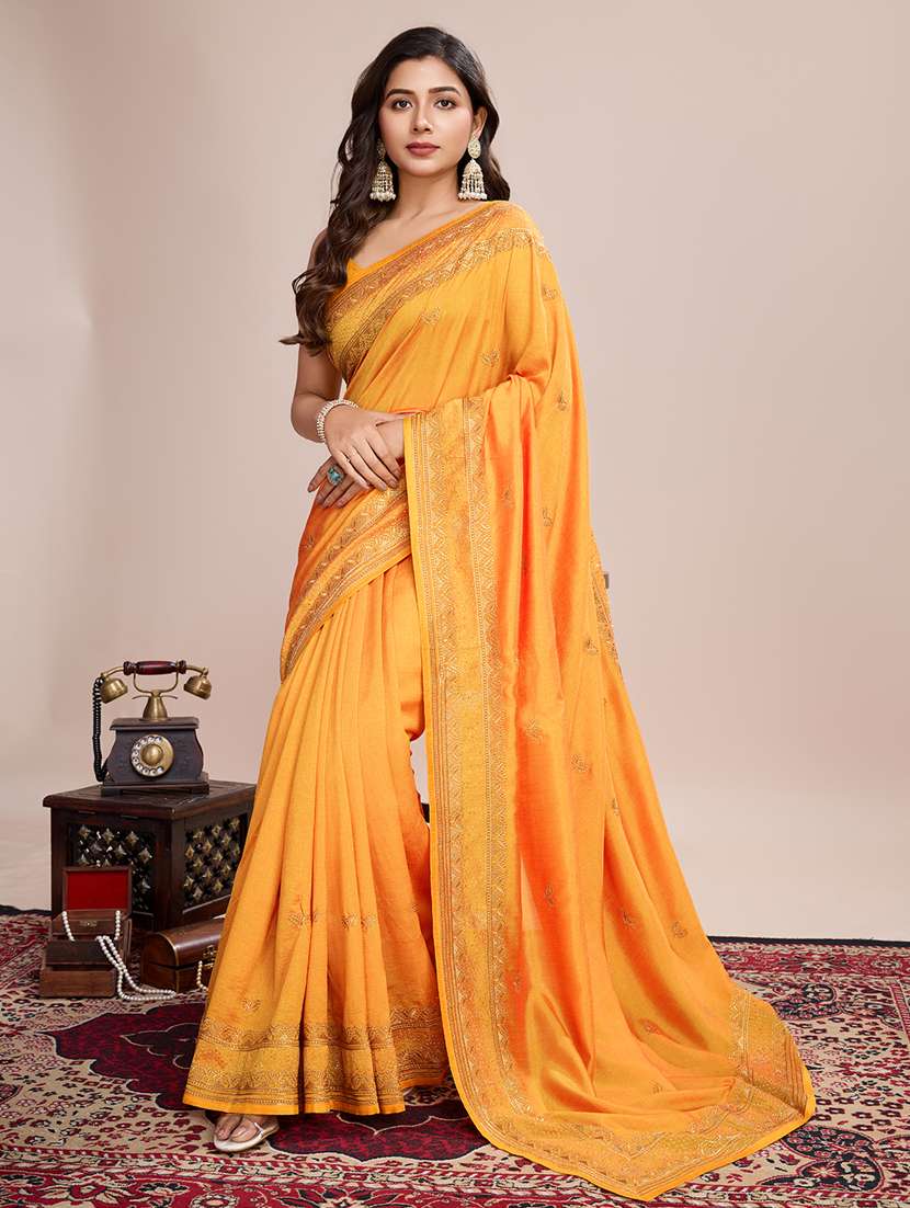 women solid with work zari work bordered saree with blouse - 22000075 -  Standard Image - 1