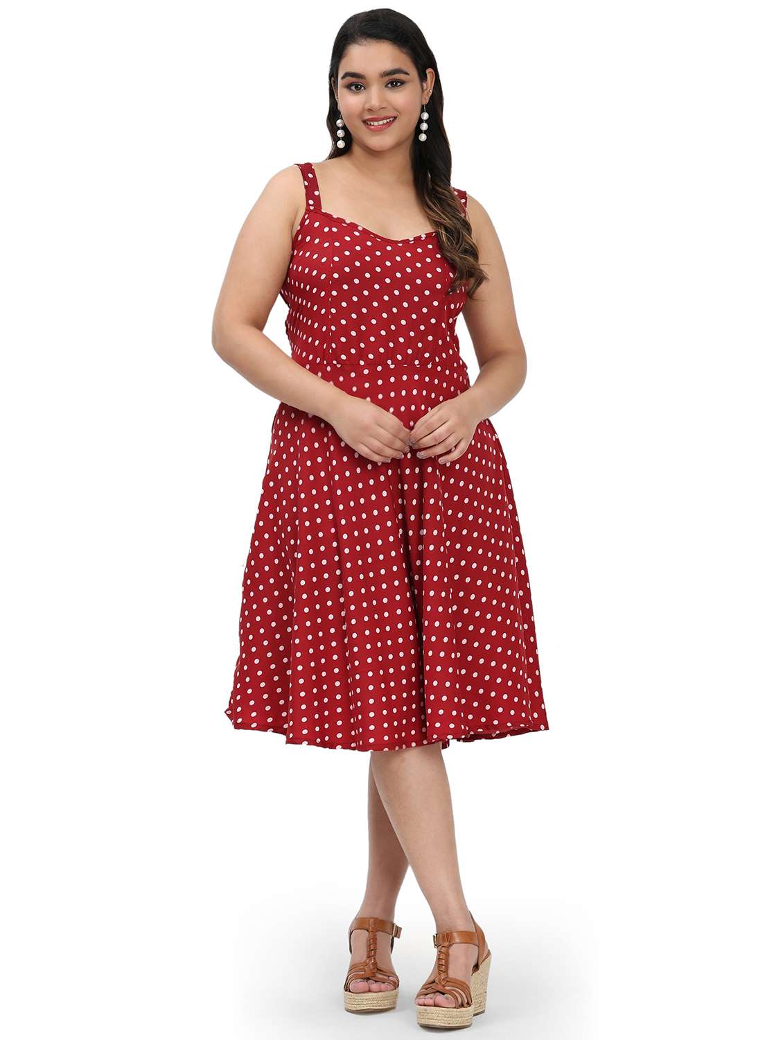 women polka doted shoulder strap fit & flared dress - 22000113 -  Standard Image - 1