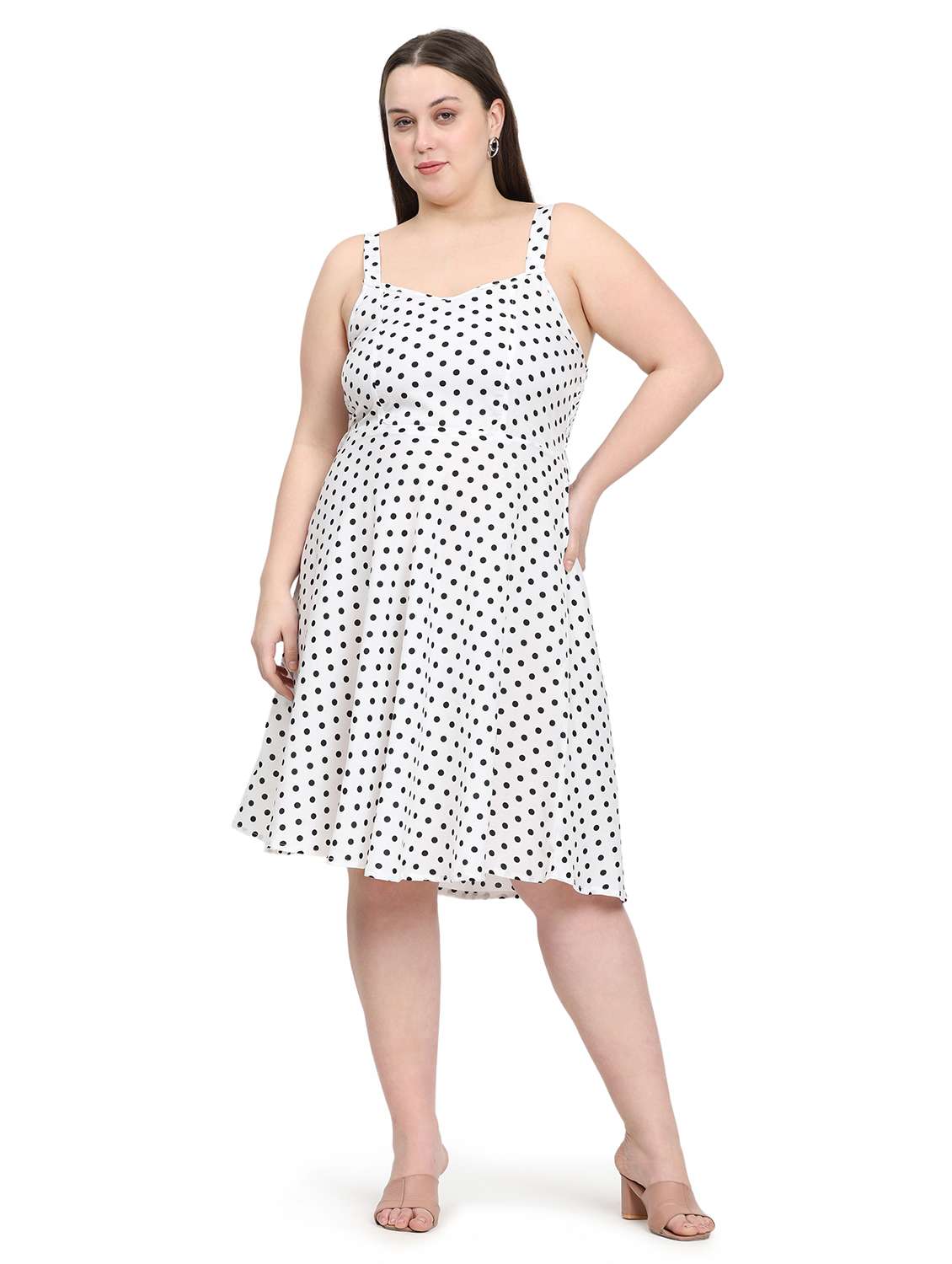 women polka doted shoulder strap fit & flared dress - 22000114 -  Standard Image - 1