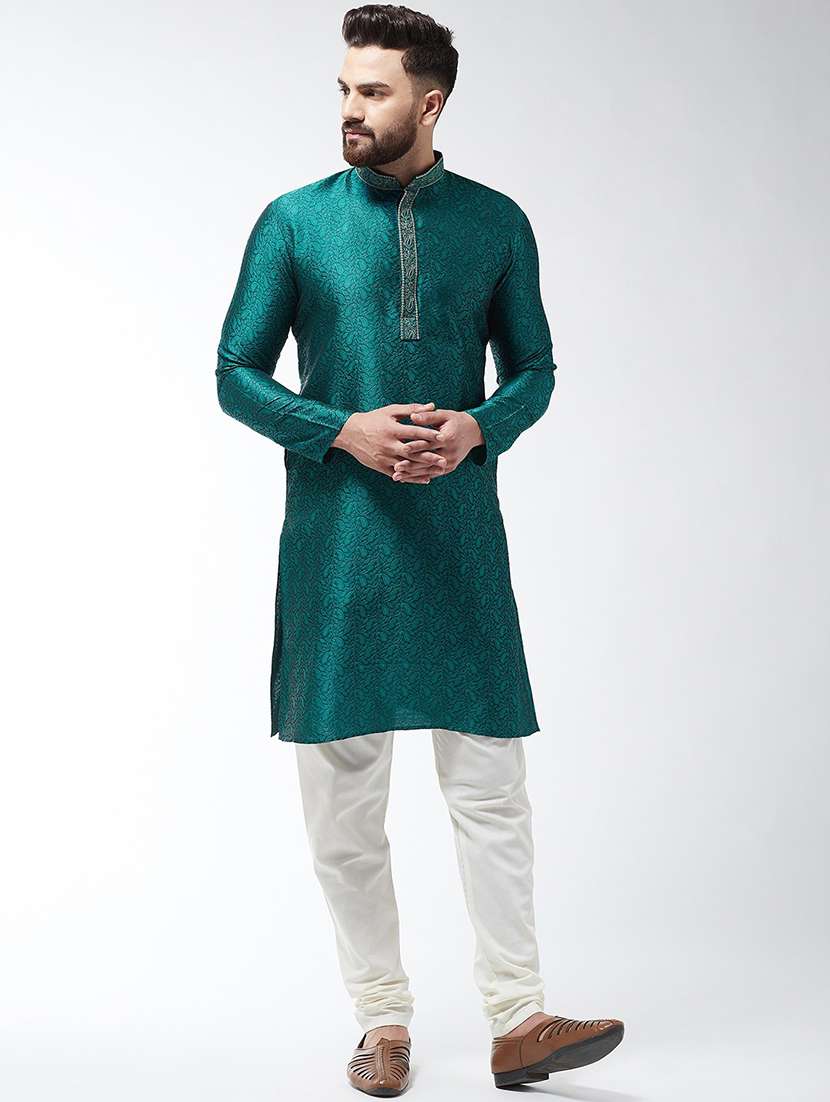 men self design mandarin neck kurta churidar ethnic wear set