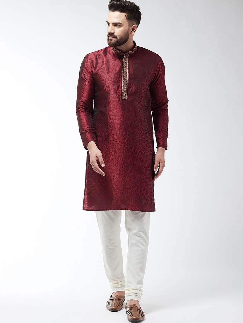 men self design mandarin neck kurta churidar ethnic wear set