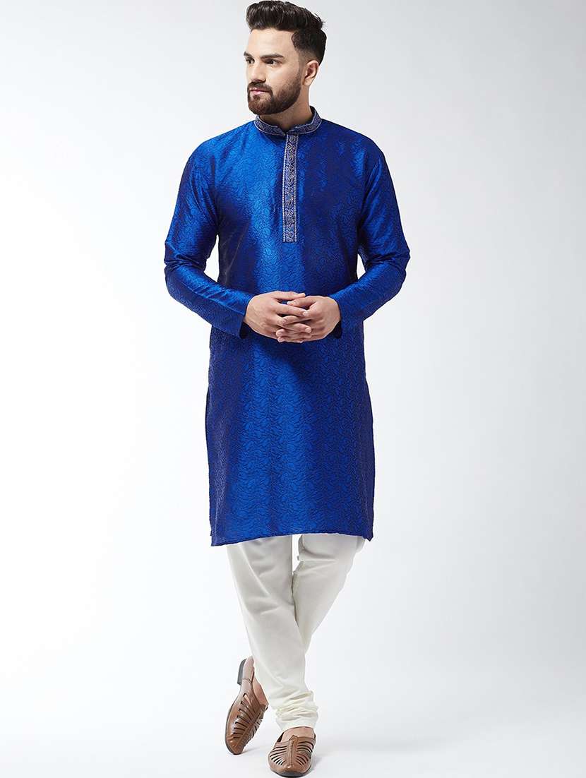 men self design mandarin neck kurta churidar ethnic wear set