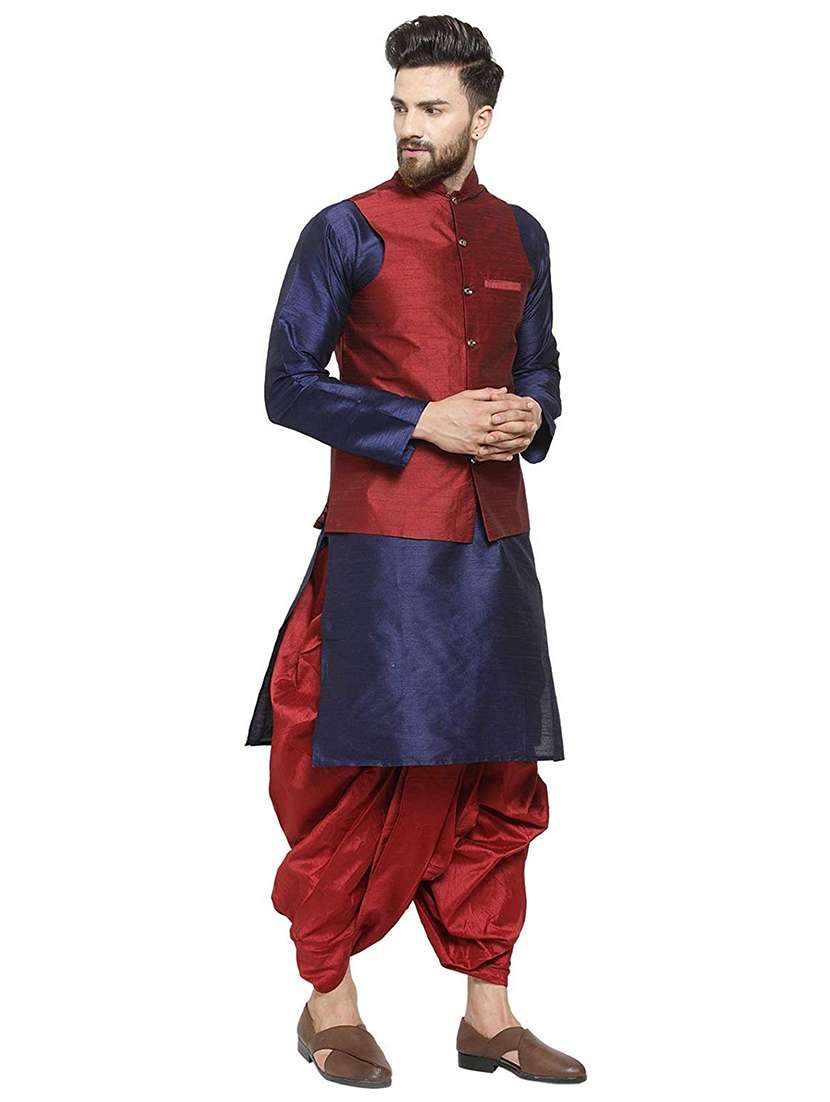men solid mandarin neck dhoti kurta with jacket ethnic wear set - 22000401 - Standard Image - 1