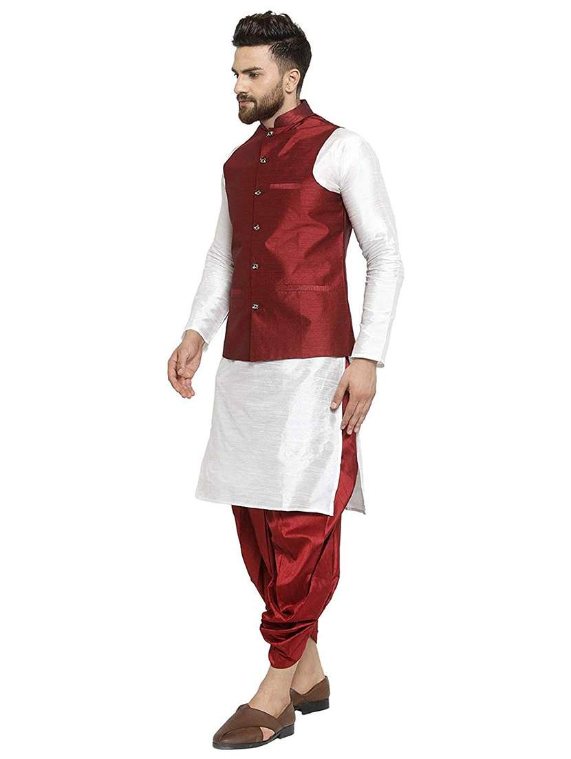 men solid mandarin neck dhoti kurta with jacket ethnic wear set - 22000402 -  Standard Image - 1