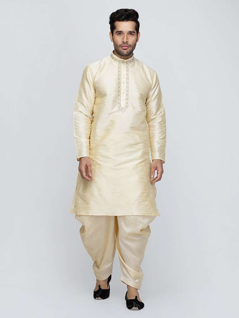 men solid mandarin neck dhoti kurta ethnic wear set - 22000689 - Standard Image - 1