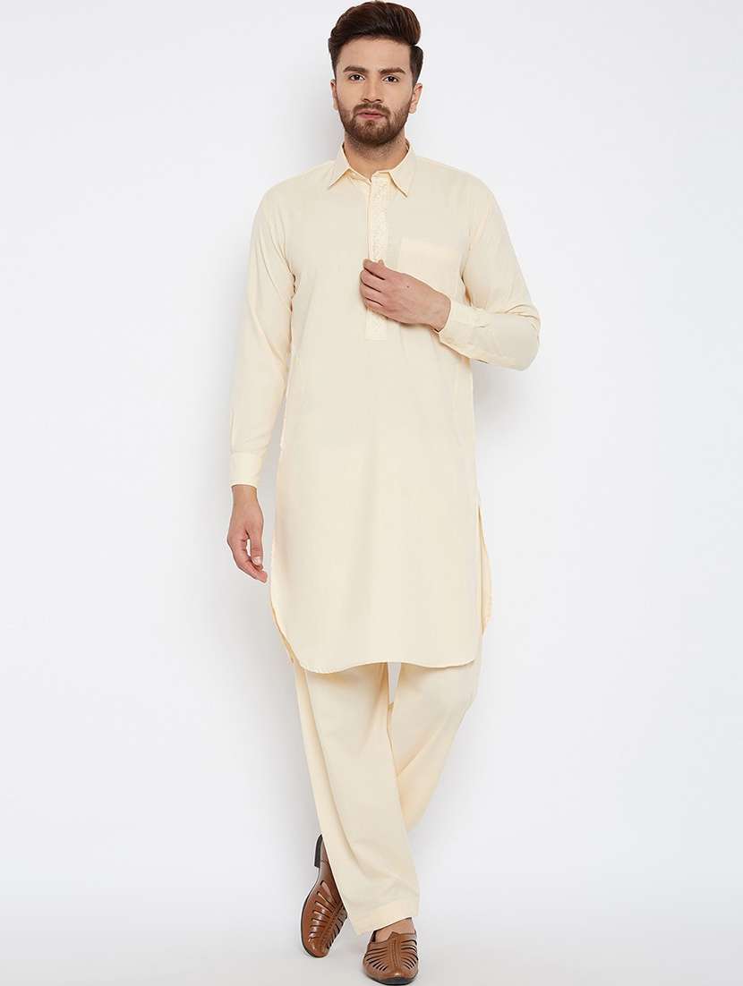 men cream solid long sleeve pathani set