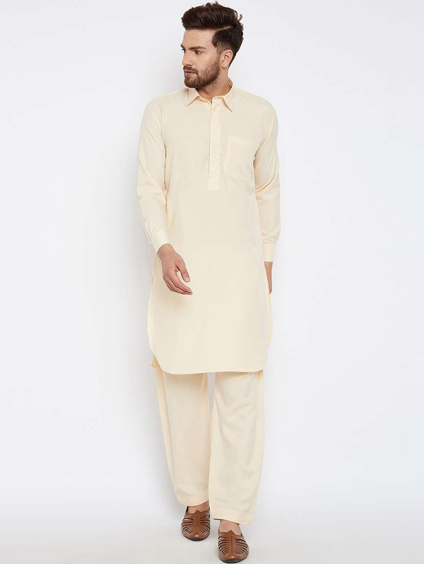 men cream solid long sleeve pathani set - 22000729 - Standard Image - 1