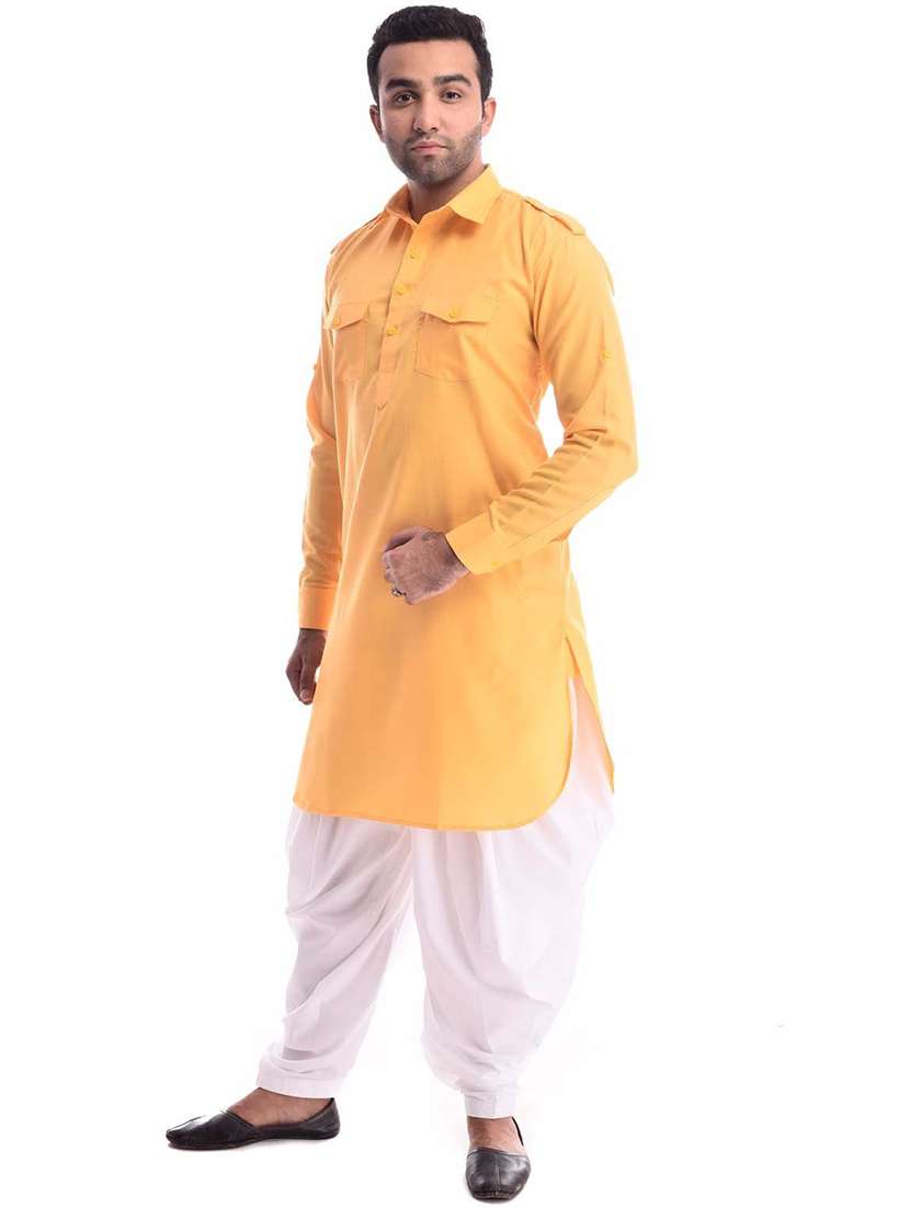 men solid long sleeve pathani kurta set - 22001020 - Standard Image - 1