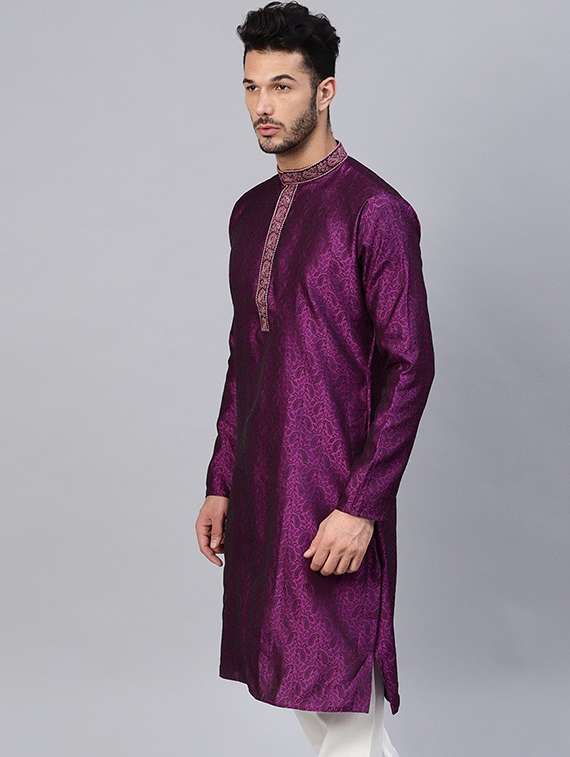 men embroidered mandarin collar long sleeve kurta - 22001086 -  Standard Image - 1
