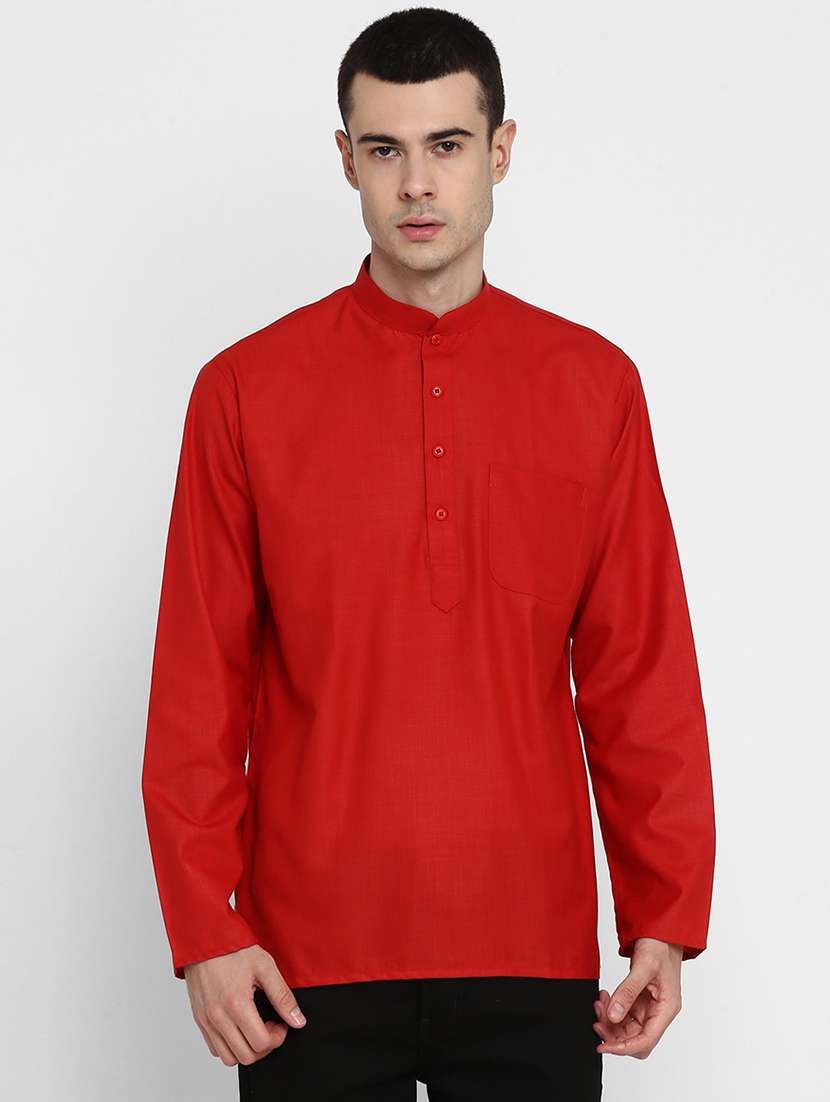 red cotton men solid mandarin collar long sleeve short kurta kurtas kurta - 22001155 - Zoom Image - 0