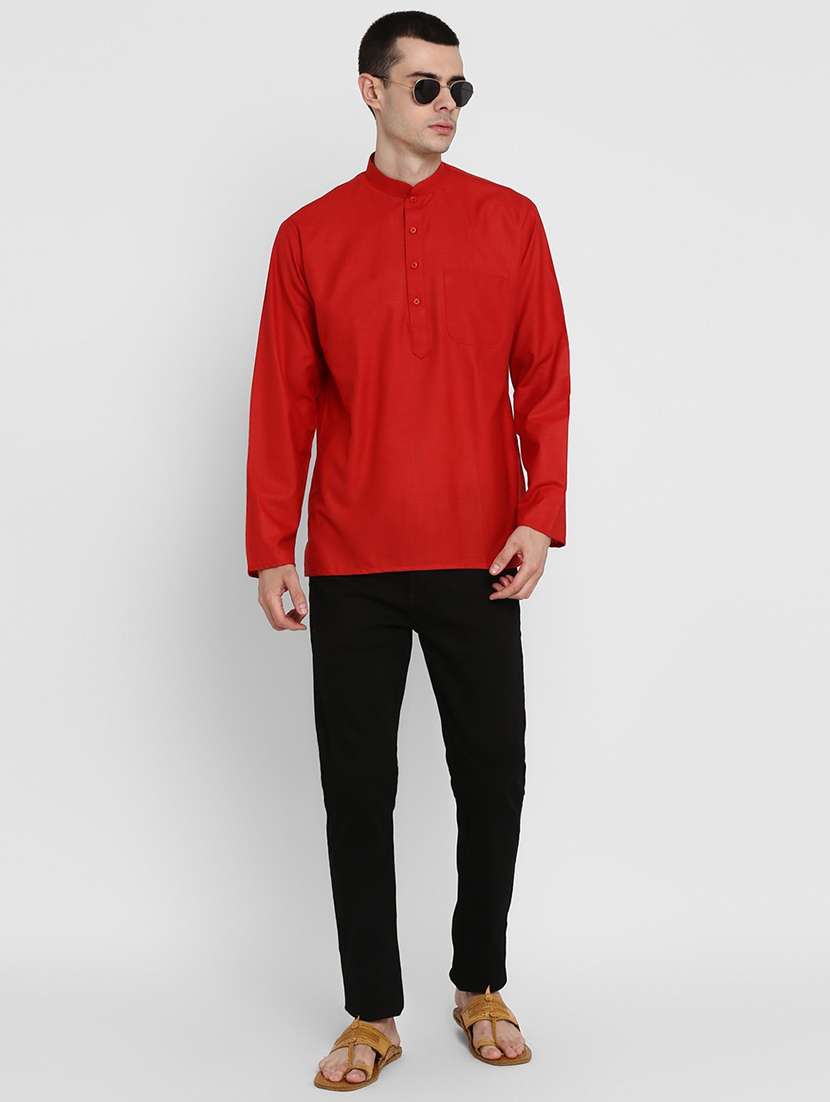 red cotton men solid mandarin collar long sleeve short kurta kurtas kurta - 22001155 - Standard Image - 1