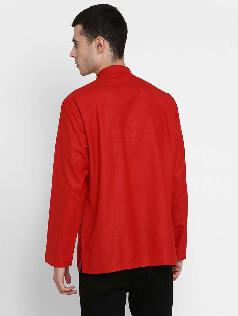 red cotton men solid mandarin collar long sleeve short kurta kurtas kurta - 22001155 - Standard Image - 4
