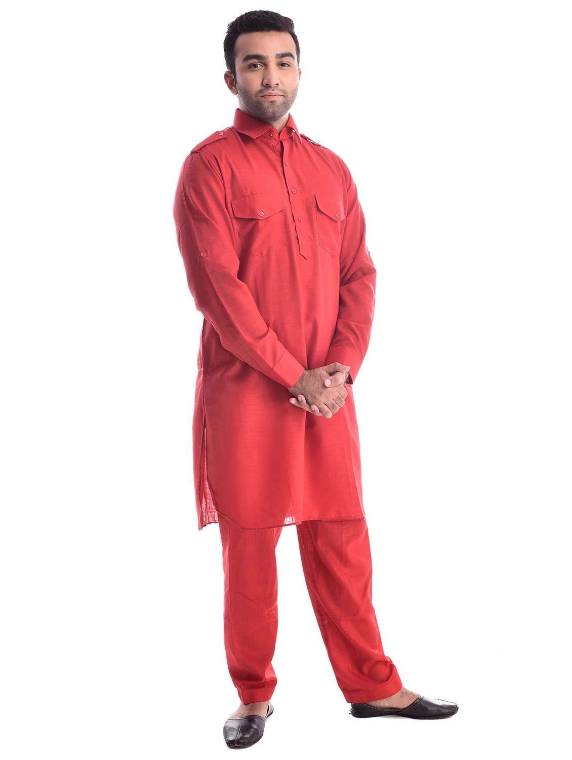 men solid collared long sleeve pathai kurta - 22001202 - Standard Image - 1