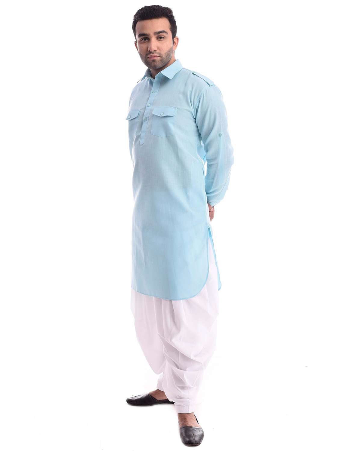 men solid collared long sleeve pathai kurta - 22001228 -  Standard Image - 1