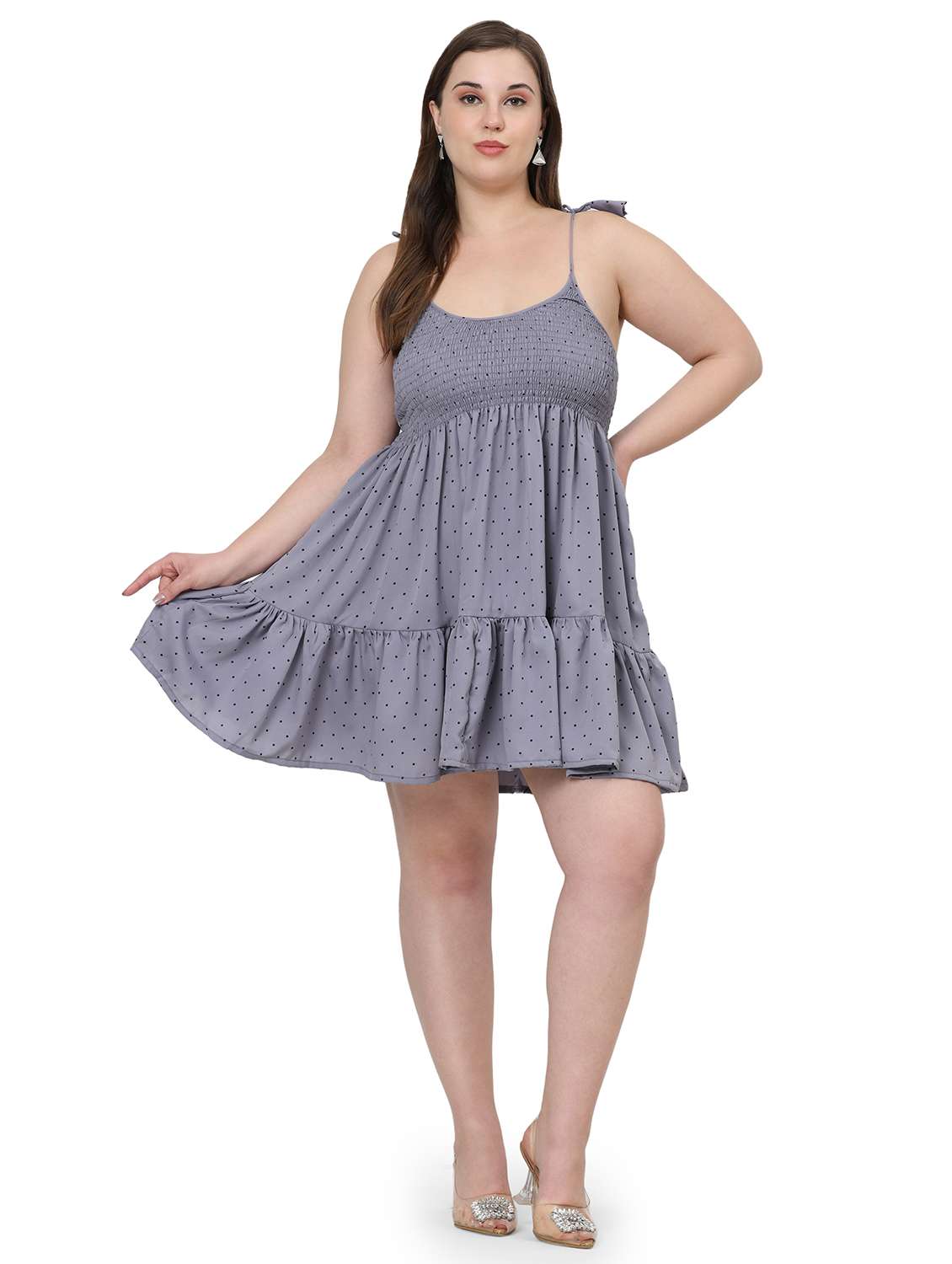 women polka doted shoulder strap tiered dress - 22001253 -  Standard Image - 1