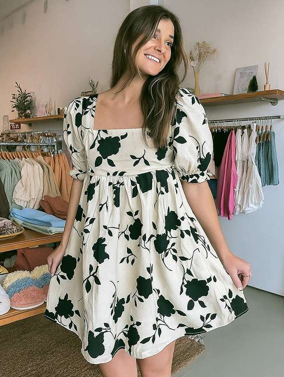 women floral print puff sleeve fit & flare dress - 22001258 -  Standard Image - 1