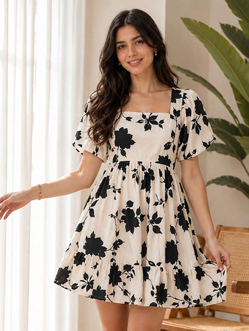 women floral print puff sleeve fit & flare dress - 22001258 -  Standard Image - 1