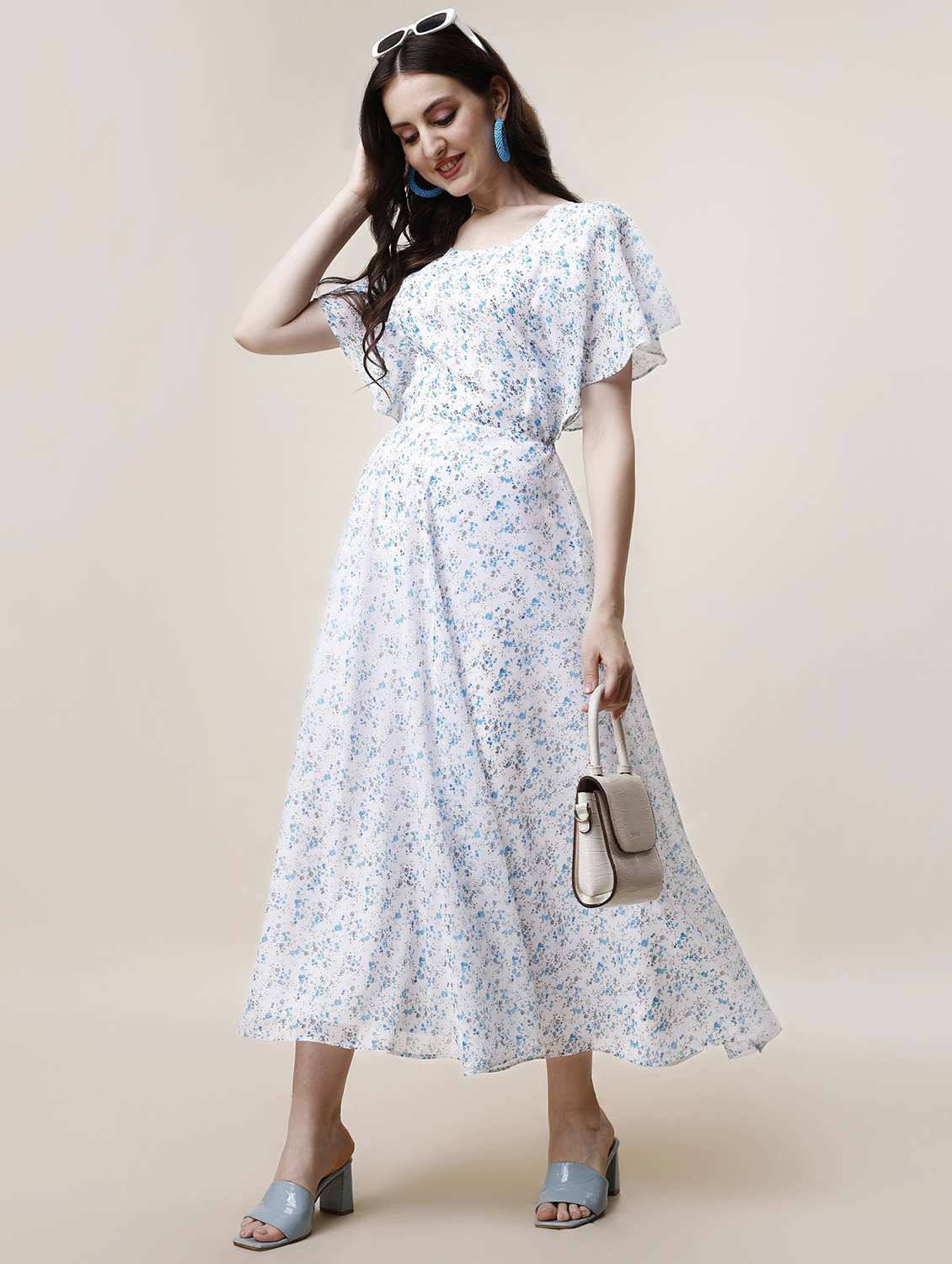 women printed flared sleeve fit & flared dress - 22001259 - Zoom Image - 0