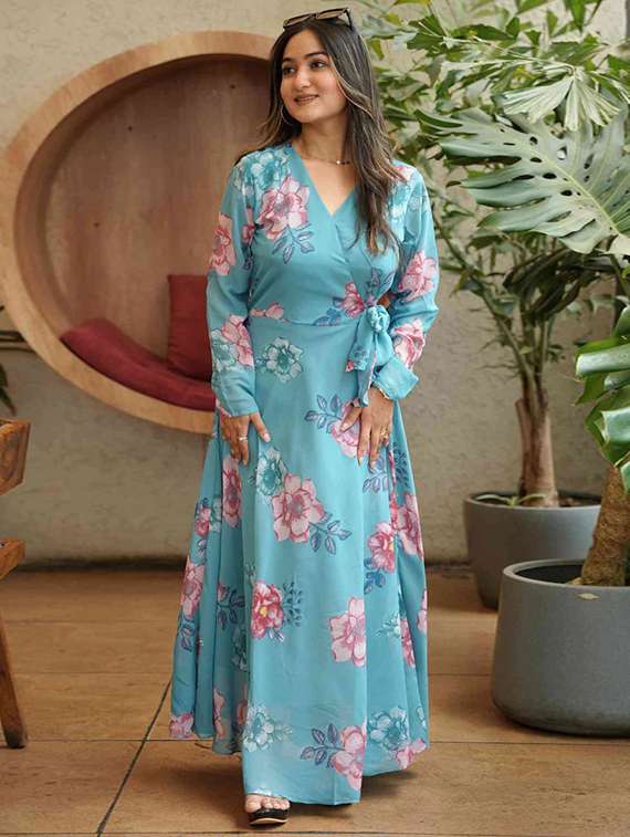 women floral print long sleeve fit & flared dress