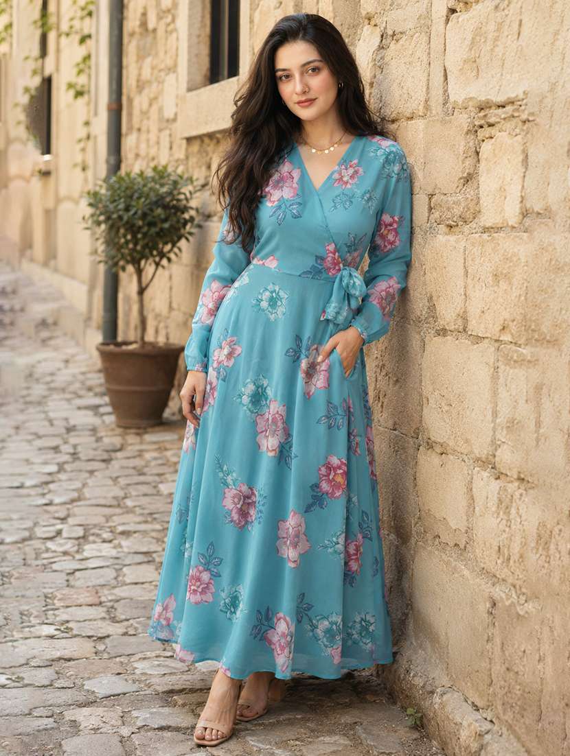 women floral print long sleeve fit & flared dress